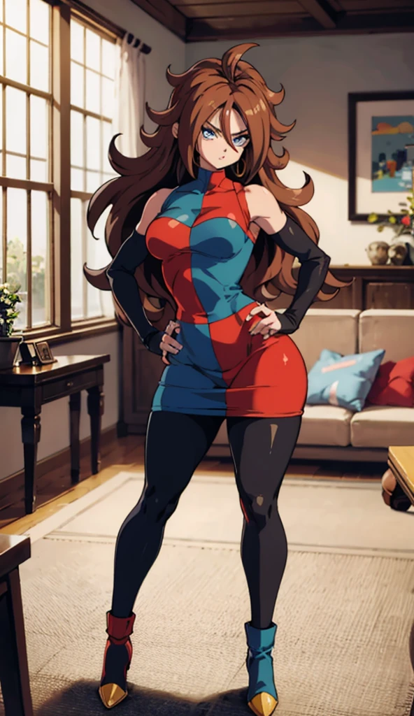 android 21, cups, long brown hair, blue colored eyes, plaid dress, pantyhose, looking to the side, pose lateral, standing, ele está standing, serious, legs spread open, livingroom, light bulb, high qualiy, work of art, legs thick, big-ass, body healed,