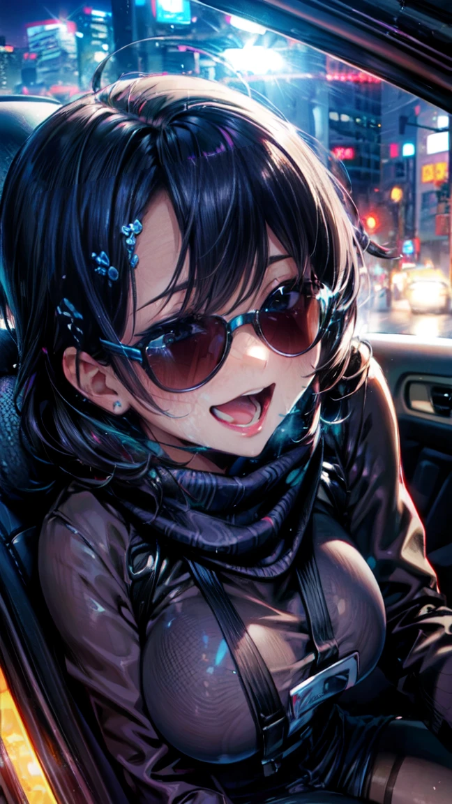 One Woman Car sex Big Butt Feeling face Inside the car at night Girls who love sex Happy face sunglasses Blushing and embarrassed