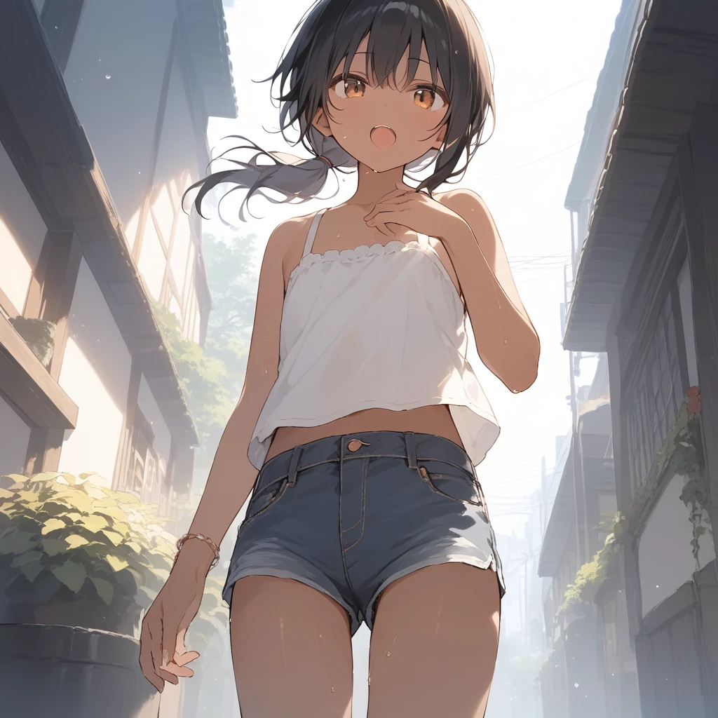 score_9, score_8_up, score_7_up, source_anime, best quality, masterpiece, official art, absurdres, highres, ultra-detailed,waifu2x,Collection: Slice of Life,break,1girl, tomboy, dark-skinned female, short hair, low ponytail, flat chest, beautiful detailed eyes, short shorts, sweat, open mouth, (yawn:0.3), sleepily, outdoors, wind,break,(clear line illustration:1.2), super detailed skin,very high resolution, very aesthetic, Best sexual lighting powered by famous artist, 8k,cute picture,beauty illustration,photoshop_(medium),,(Detailed Lighting),best anime 8k konachan wallpaper, pixiv contest winner,