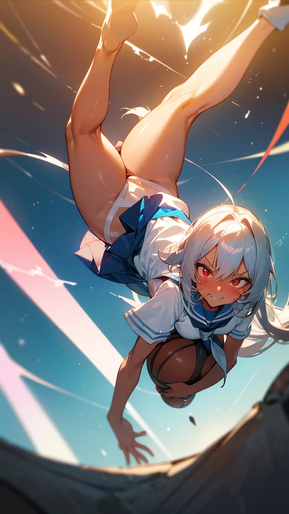 girl, masterpiece, Highest quality, ultra detailed, CG unity 8k, Cinema Lighting, Lens flare, ultra detailed eyes, sexy, big breast, young adult, dark skin, finely red eyes, wild long hair, silver hair color, , short sleeve suit ,white shirts, , sailor suit, mini skirt, (dark blue skirt:1.2), straight skirt, Doing backflips in the air, dancing, scars, blushing, ( evil smile;1.3), evil grin, (sharp eye:1.2),(scowl:1.1), (stare at viewer:1.5), from direct below, tall stature, glamor, (embarrassed,blush:1.3), nsfw,(ecstasy:1.3) ,(slut:1.2),(vulgarity:1.3),(fucked silly:1.1),(wet:0.8),(drooling:0.6),(sweat:0.8), glistening skin, abs, (tanned skin:1.5), smug face, Frolicking,full body , straight hair, Basketball court, (fisheye:1.2), shadow, (illusion effect;1.2), (powder light:1.2), white T-back, nude, (stick out butt:1.3), (show your butt hole:1.0)