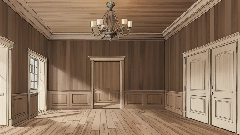 Cartoon style, an empty room, light brown wooden wall coverings, a stylish and classic room, with a classic cornice.