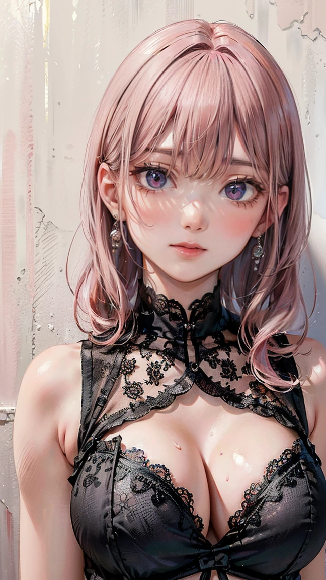 (Masterpiece, BestQuality:1.3), (ultra detailed:1.2), (hyperrealistic:1.3), (RAW photo:1.2), High detail RAW color photo, professional photograph, (Photorealistic:1.4), (realistic:1.4), professional lighting, perfect anatomy, (Big Breasts:1.2), (blush, detailed face), (cheerful Smile:1.5), (Pink Hair:1.5), Trending Hair&Trending Hairカラーをランダムに, earrings, necklace, bracelet, sexly, erotic sexly, Random sexy gravure poses, (A beautiful woman wearing a black sheer lace dress、Red Lip、Staring intently at the camera against a white wall。: 1.3)