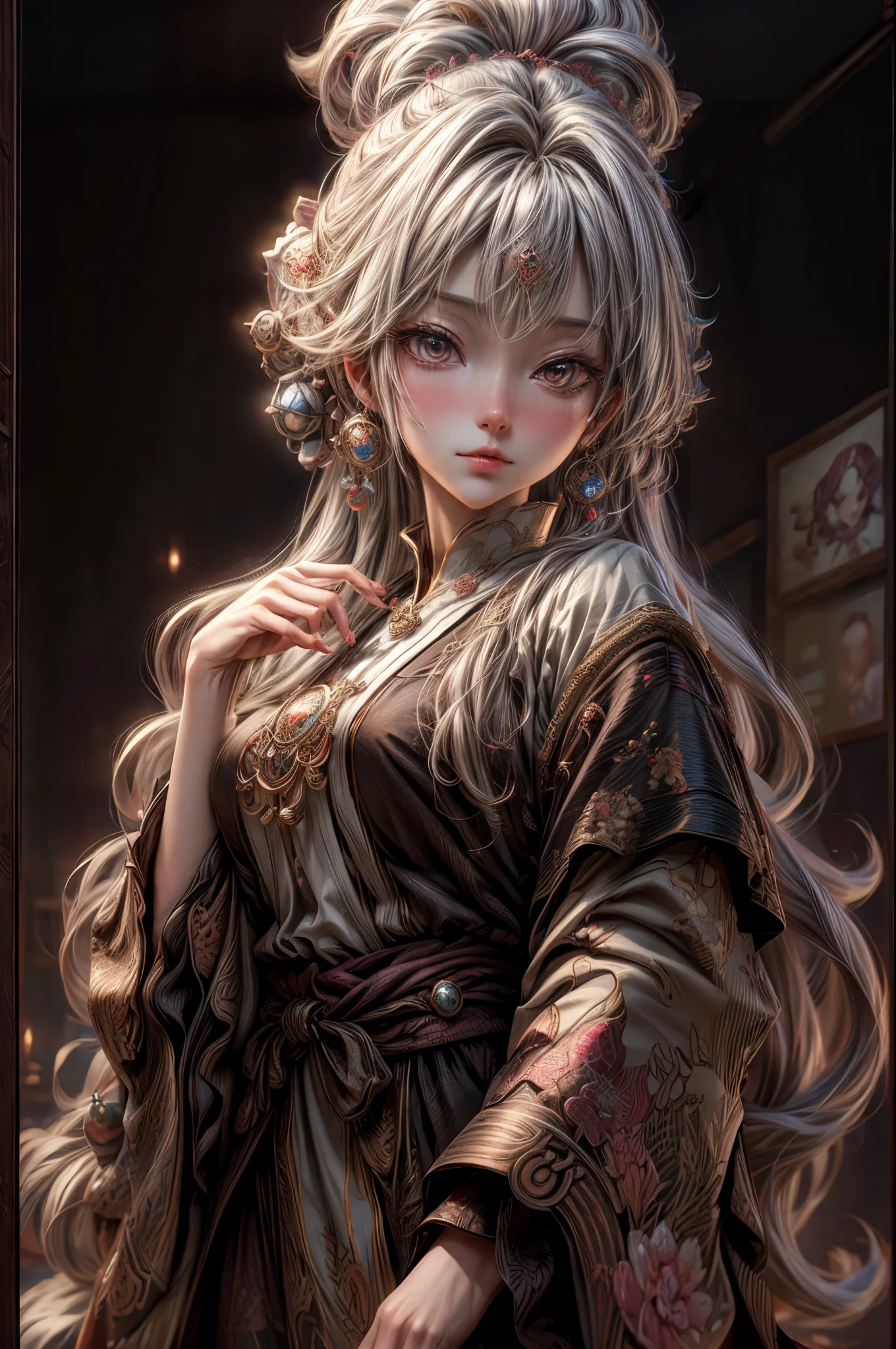 masterpiece, best quality, extremely detailed CG unity 8k wallpaper, A precise, high-definition anime illustration of an astrologer telling fortunes in the background of a photorealistic department store. A fusion of 3D photography and 2D animation, creating a nostalgic atmosphere.