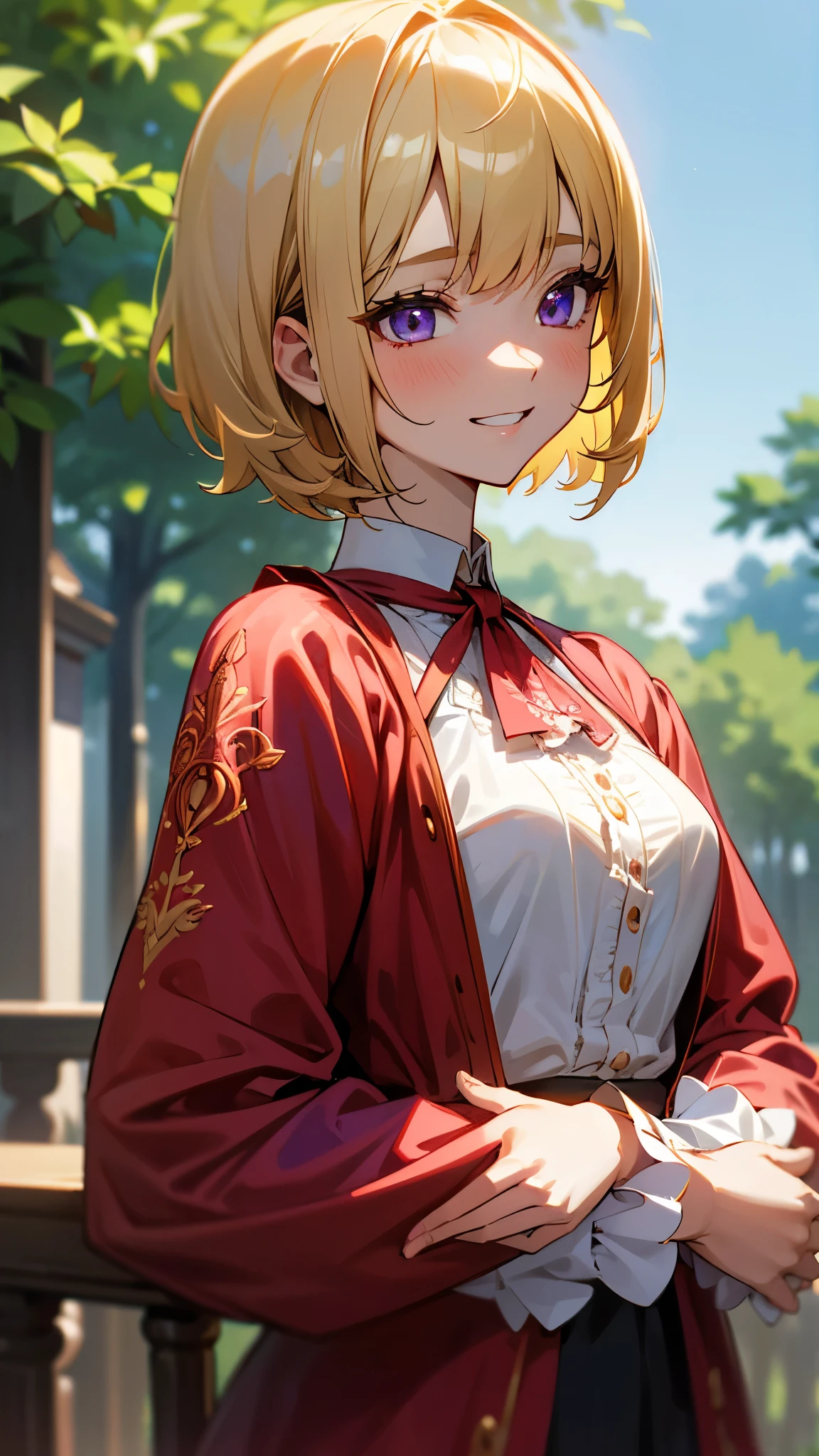 1 Girl、、Sharp focus、(Bokeh) (Highest quality) (Detailed skin:1.3) (Intricate details) (anime)、Upper body close-up、From the side、Natural Proportions、thin、Small breasts、Grin、White skin、(blonde)、Bobcut、Beautiful purple eyes、Red jacket、(Long sleeve blouse)、Frilled blouse、Upper body close-up、Morning Cafe Terrace、Background Blur, Written boundary depth