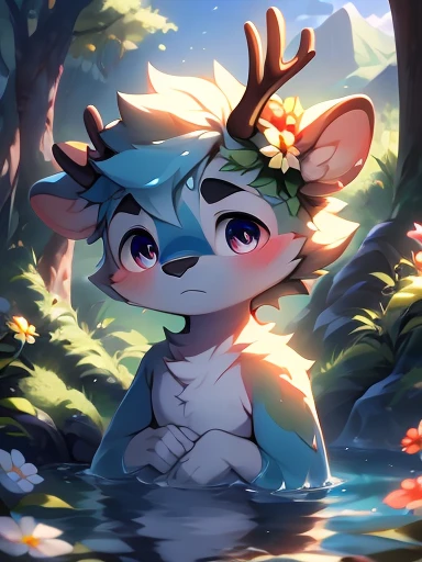 masterpiece,best quality,Gauss,Practical, 1Boya Focus,Solitary, (Delicate eyes and delicate face) , (Handsome face) , (Perfect anatomical structure) ,Thick eyebrows,Short hair details,Very fine details, 4K , 8K ,light,Amazing Art,Beautiful scenery , (Deer bathing in a clear mountain spring) , (blue or white or red sexy) ,moisture,The Tree,Rios,Short hair details,view,彩色light,Very shy,Right hand,Beautiful flowers and green leaves,antlers,how,Toddlers,byPino Deheni, Carney announced, 1145, From him, Yes,