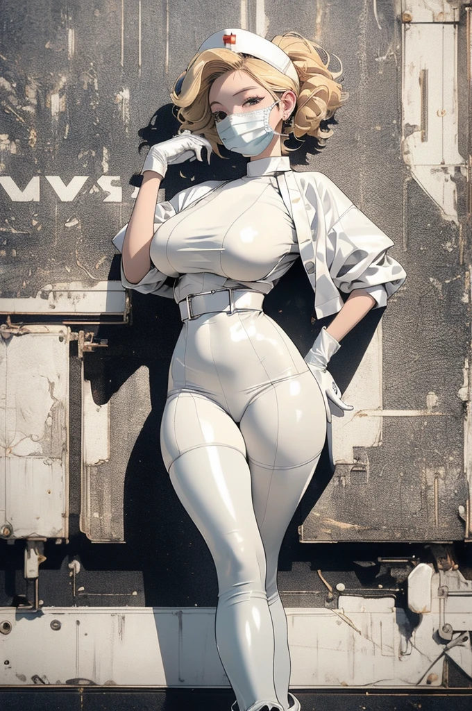 (masterpiece, Highest quality, 32K Wallpapers, Very detailed,portfolio),Blonde、Huge breasts and buttocks:1.8,Plump body:1.4、((White latex nurse uniform、Long gloves in latex、Latex boots、latex mask)),