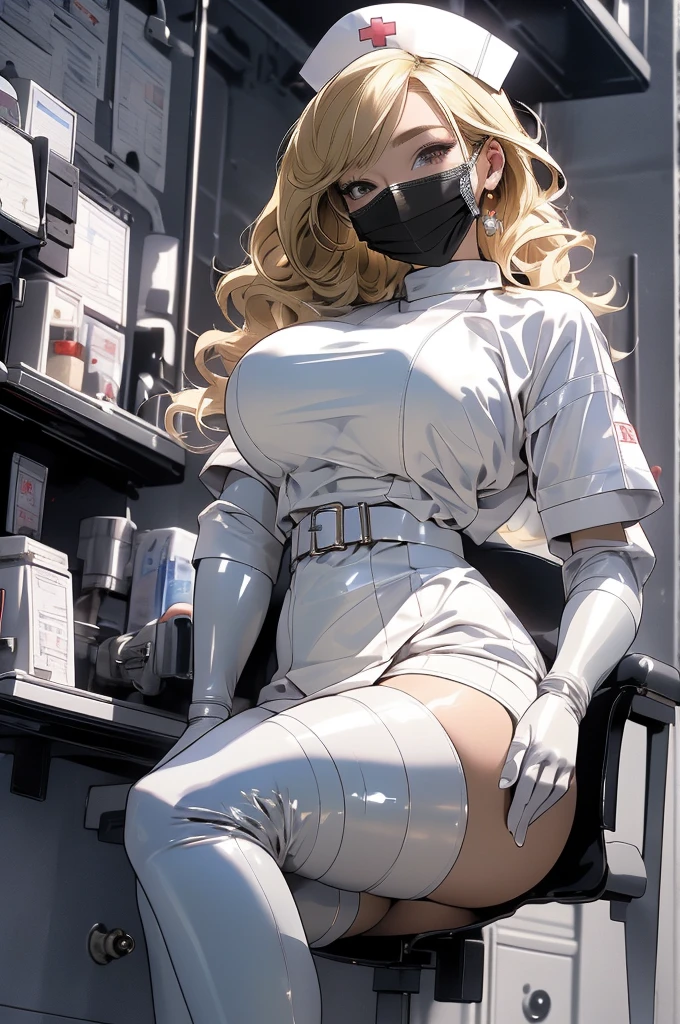 (masterpiece, Highest quality, 32K Wallpapers, Very detailed,portfolio),Blonde、Huge breasts and buttocks:1.8,Plump body:1.4、((White latex nurse uniform、Long gloves in latex、Latex boots、latex mask)),