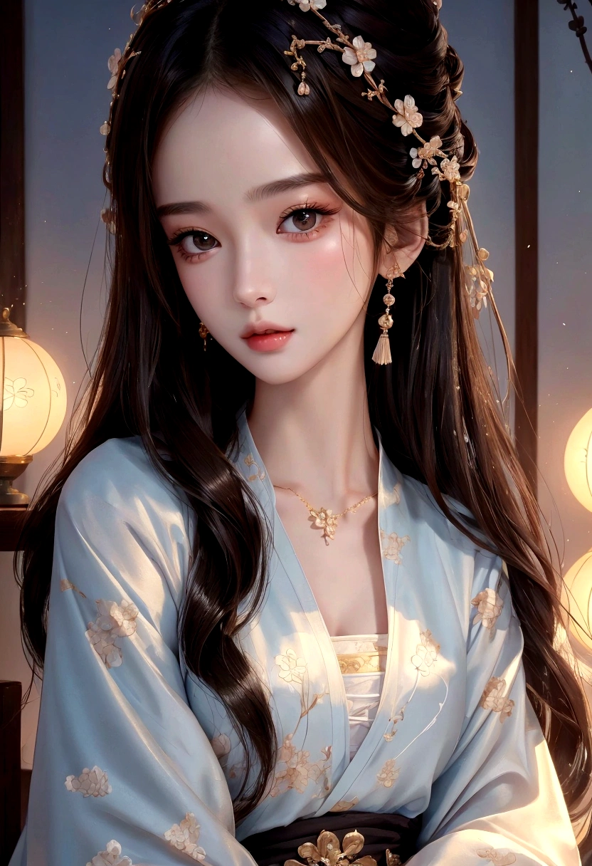 Best image quality、8K、masterpiece:1.3))、Realistic high-quality photos、Highest quality、 Beautiful face、Photos of slim models、Beautiful girl model、Young and pretty face、Beautiful model girl、A lovely and delicate face、Black Hair、Beautiful brown eyes、Young Body、Hanfu, (emphasize)、from the front、Camera gaze、Model pose