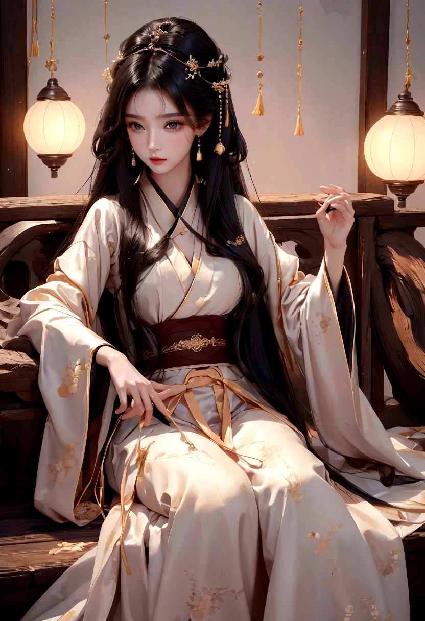 Best image quality、8K、masterpiece:1.3))、Realistic high-quality photos、Highest quality、 Beautiful face、Photos of slim models、Beautiful girl model、Young and pretty face、Beautiful model girl、A lovely and delicate face、Black Hair、Beautiful brown eyes、Young Body、Hanfu, (emphasize)、from the front、Camera gaze、Model pose