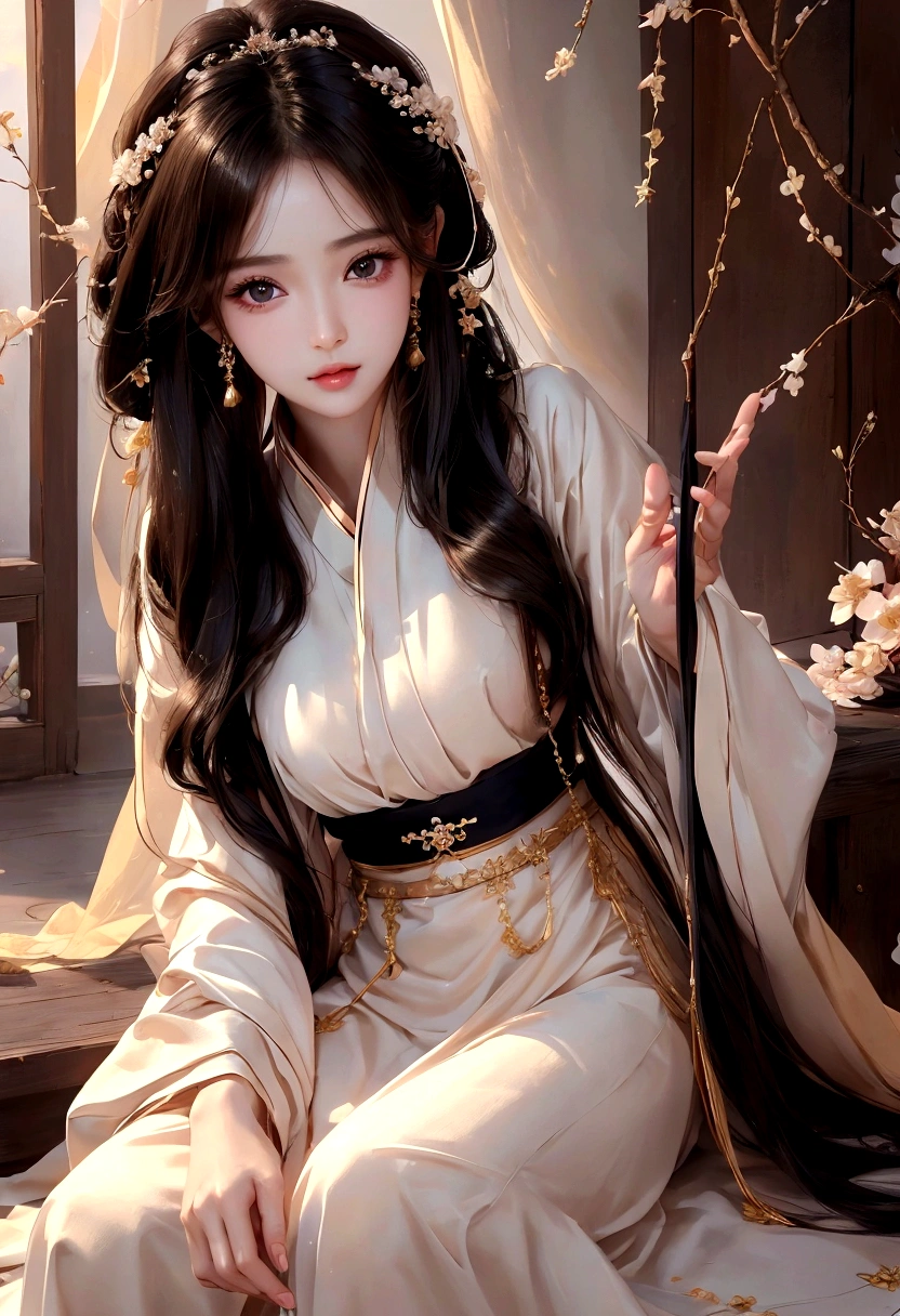 Best image quality、8K、masterpiece：1.3))、Realistic high-quality photos、Highest quality、 Beautiful face、Photos of slim models、Beautiful girl model、Young and pretty face、Beautiful model girl、A lovely and delicate face、Black Hair、Beautiful brown eyes、Young Body、Hanfu, (emphasize)、from the front、Camera gaze、Model pose