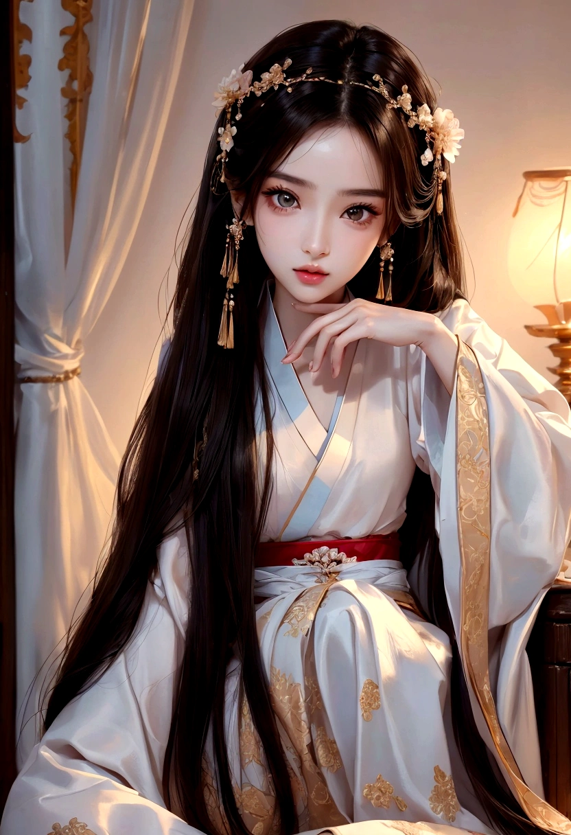 Best image quality、8K、masterpiece:1.3))、Realistic high-quality photos、Highest quality、 Beautiful face、Photos of slim models、Beautiful girl model、Young and pretty face、Beautiful model girl、A lovely and delicate face、Black Hair、Beautiful brown eyes、Young Body、Hanfu, (emphasize)、from the front、Camera gaze、Model pose