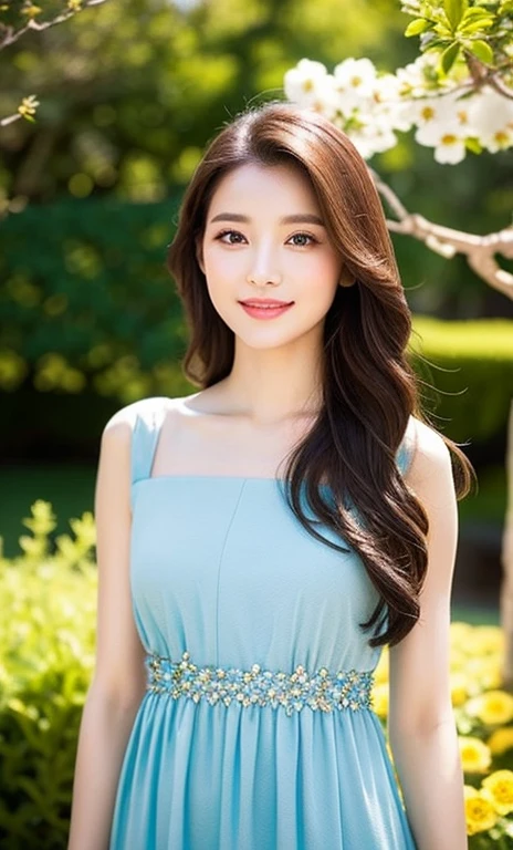 "A beautiful woman with long flowing hair, wearing a flowing blue dress that sparkles in the sunlight. Her eyes are bright and full of warmth, and there is a gentle smile on her face that radiates kindness and grace. She stands in a peaceful garden surrounded by blooming flowers, with a soft breeze gently blowing her hair." #Peach #TeamPositive #CiciAi #Cici