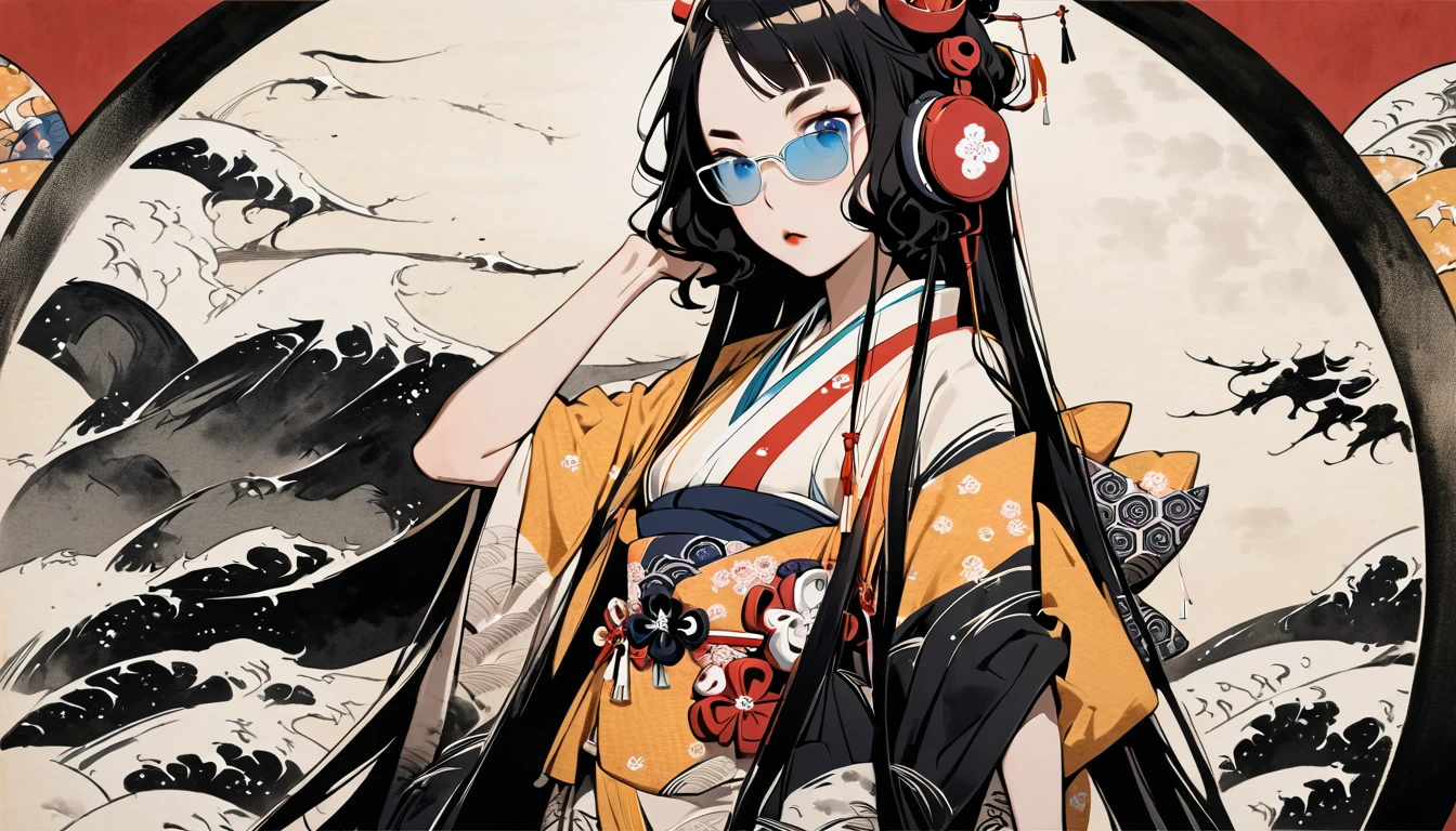 (((Highest quality))), (((Katsushika Hokusai))), (((Ink Painting))), ((very straight longhair)), ((1 girl)), ((Japanese style headphones)), ((Beautiful girl wearing light-colored sunglasses)), Black Hair, Delicate and precise, Modern ukiyo-e style