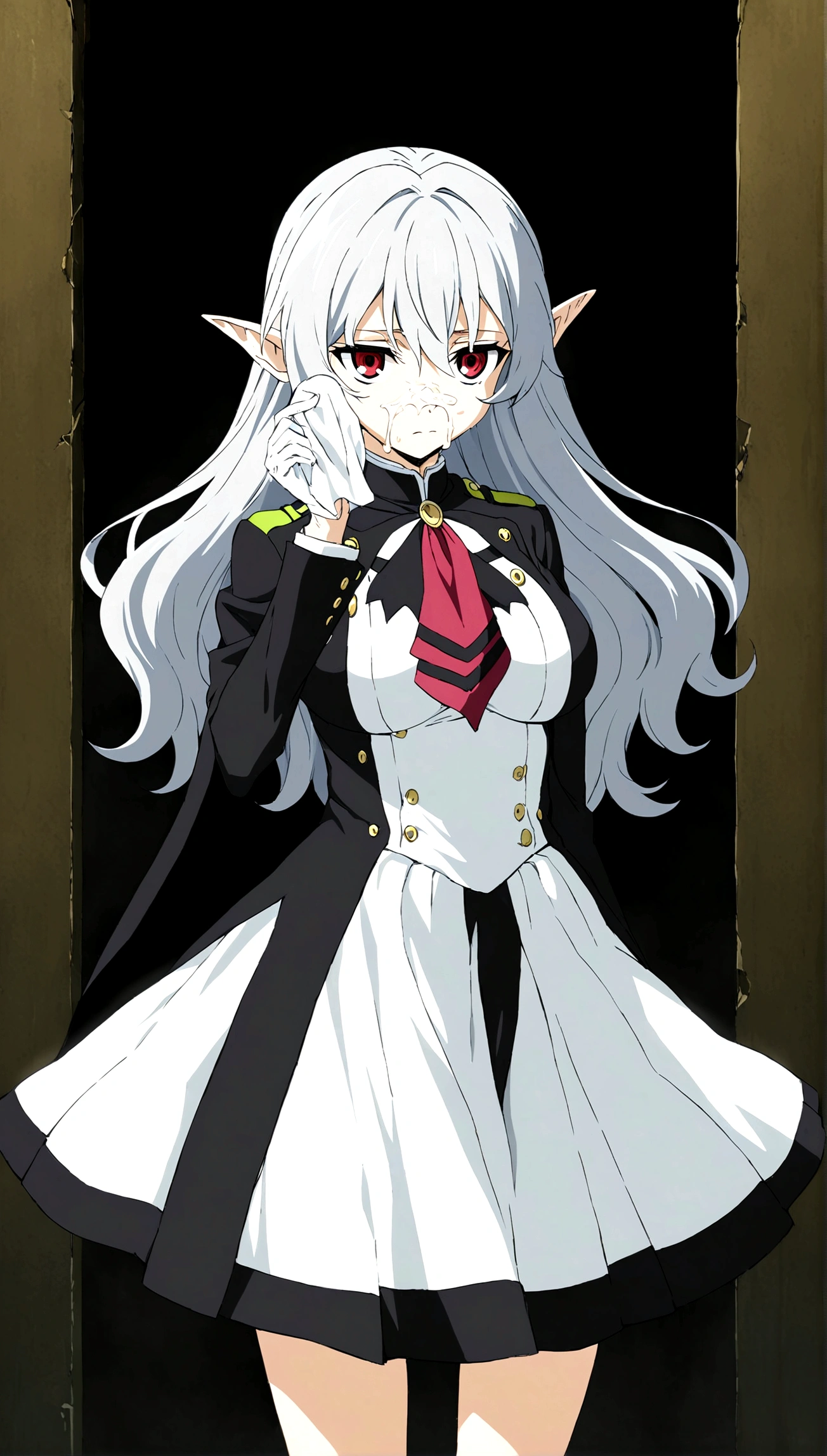 Anime. Owari no Seraph. 1 Girl. Dear . A vampire. Progenitor Clumsy. Silver hair. Wavy hair. Long hair. Red eyes. Beautiful eyes. Perfect eyes. Expressive eyes. Ideal face. Perfect body. Beautiful long ones. legs. Beautiful nose. 18 years. Big breasts. Standing. Full length Beautiful character design. Shiny skin. Pointy ears. White dress. Vampire uniform dress from
Owari no Seraph. Black stockings. Heeled shoes. Rapier in right hand. Cold. Runny nose. Nasal mucus. Snot. Snot flows from the nose. She wants to sneeze. She needs to sneeze. She has a strong, desperate urge to sneeze. She sneezed. Sneezes with snot. Handkerchief. Hand with a handkerchief near the face. Blows his nose. Ruins of Tokyo. Full body. NSWF. Official art. Extremely detailed CG Unity 8k wallpaper. Ideal lighting. Ultra high resolution 4K. Super detailed 8K. A high resolution.