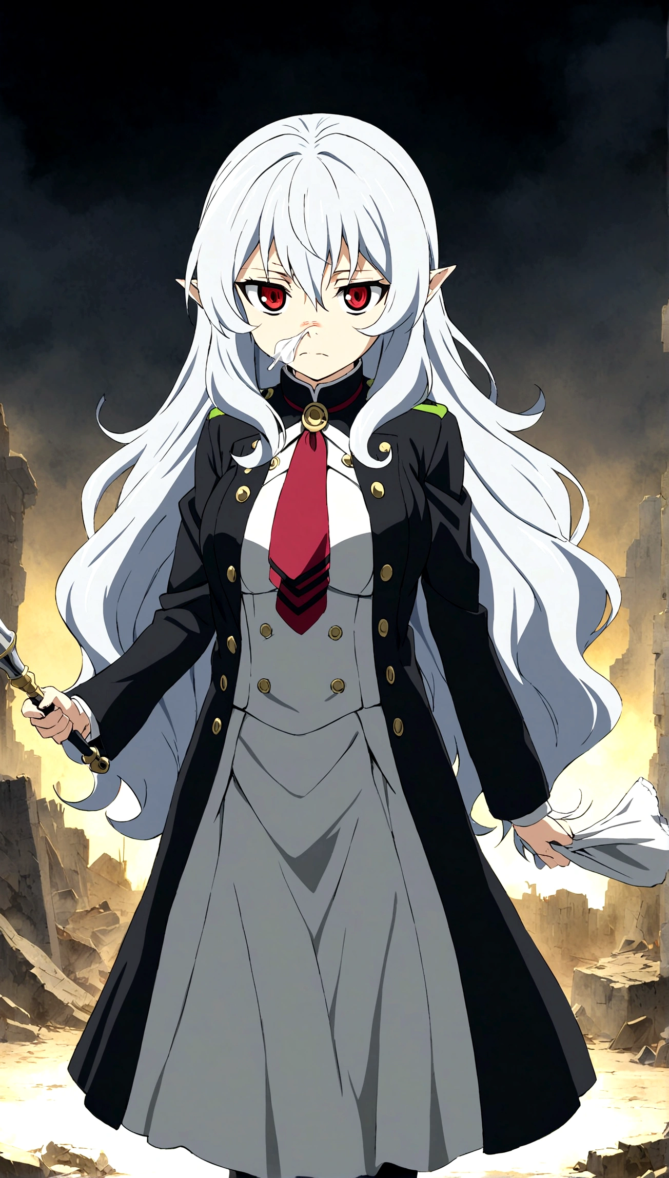 Anime. Owari no Seraph. 1 Girl. Dear . A vampire. Progenitor Clumsy. Silver hair. Wavy hair. Long hair. Red eyes. Beautiful eyes. Perfect eyes. Expressive eyes. Ideal face. Perfect body. Beautiful long ones. legs. Beautiful nose. 18 years. Big breasts. Standing. Full length Beautiful character design. Shiny skin. Pointy ears. White dress. Vampire uniform dress from
Owari no Seraph. Black stockings. Heeled shoes. Rapier in right hand. Cold. Runny nose. Nasal mucus. Snot. Snot flows from the nose. She wants to sneeze. She needs to sneeze. She has a strong, desperate urge to sneeze. She sneezed. Sneezes with snot. Handkerchief. Hand with a handkerchief near the face. Blows his nose. Ruins of Tokyo. Full body. NSWF. Official art. Extremely detailed CG Unity 8k wallpaper. Ideal lighting. Ultra high resolution 4K. Super detailed 8K. A high resolution.