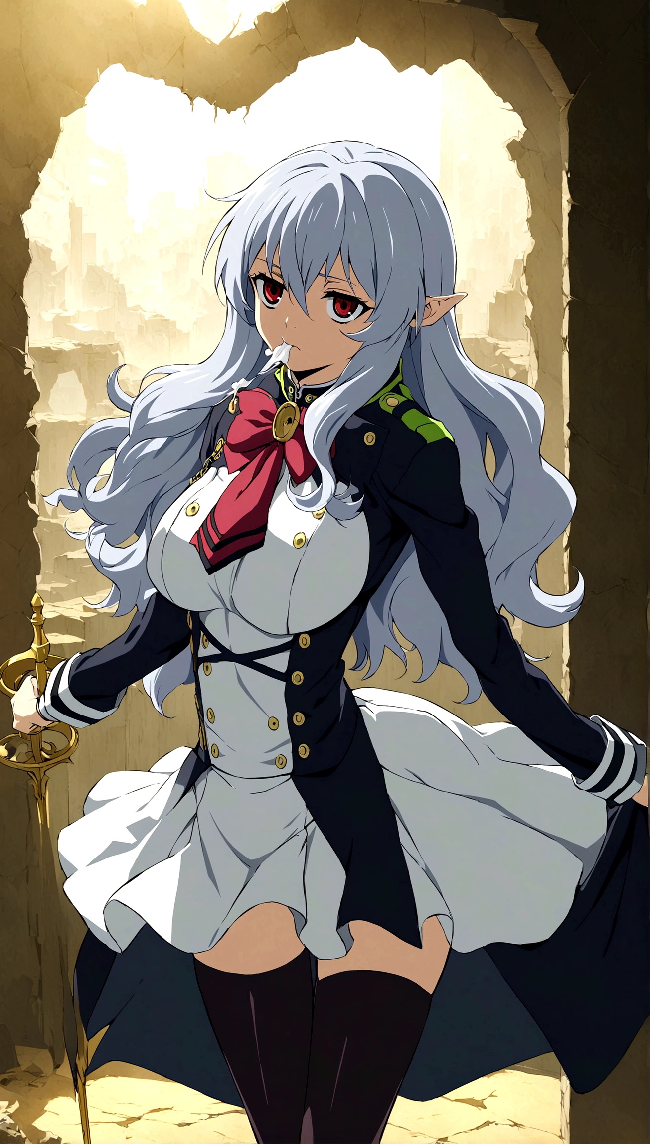Anime. Owari no Seraph. 1 Girl. Dear . A vampire. Progenitor Clumsy. Silver hair. Wavy hair. Long hair. Red eyes. Beautiful eyes. Perfect eyes. Expressive eyes. Ideal face. Perfect body. Beautiful long ones. legs. Beautiful nose. 18 years. Big breasts. Standing. Full length Beautiful character design. Shiny skin. Pointy ears. White dress. Vampire uniform dress from
Owari no Seraph. Black stockings. Heeled shoes. Rapier in right hand. Urinary incontinence. She wants to pee. She needs to pee. She has a strong, desperate urge to pee. Hand on crotch. He squeezes his crotch tightly. Rubs the crotch. The girl can't stand straight. Knees together, feet apart. Lighting it up slightly. Slight lean forward. She peed herself. Urine runs down my thighs. Ruins of Tokyo. Full body. NSWF. Official art. Extremely detailed CG Unity 8k wallpaper. Ideal lighting. Ultra high resolution 4K. Super detailed 8K. A high resolution.