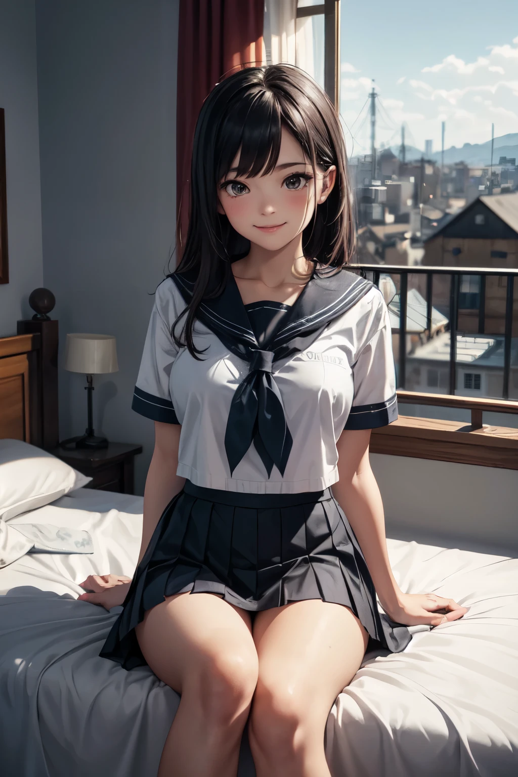 very cute and beautiful girl,(highly detailed beautiful face),
(smile:1.2),blush,embarrassed,looking at viewer,black hair,serafuku,short sleeve,pleated navyblue mini skirt,
sitting on bed sheet,arms behind back,school bag,pouch,antique hotel bedroom,window,distant town view,
(best quality,masterpiece),absurdres,highres,ultra-detailed,extremely detailed,32k,8k resolution,
intricate details,cinematic scene,detailed background,solo,dynamic angle,