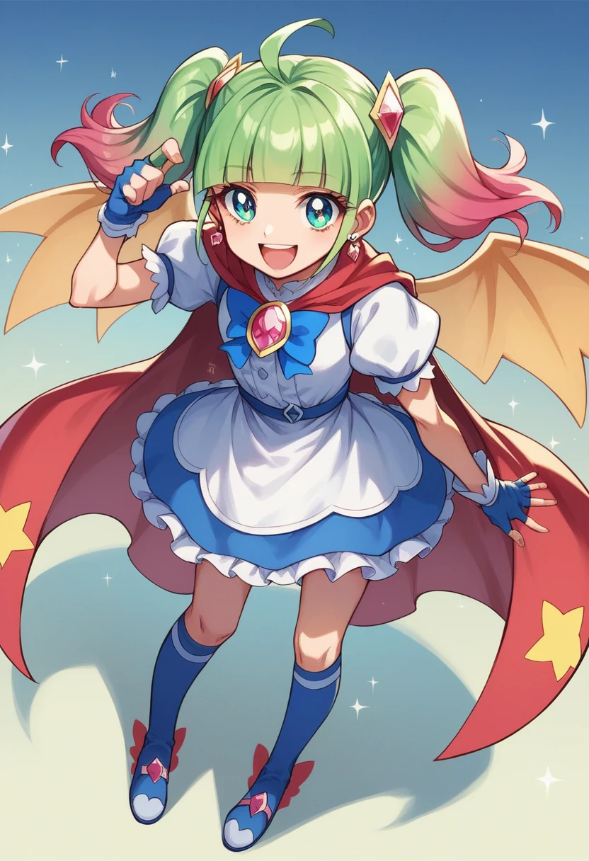 masterpiece, Highest quality, Looking_in_Audience, Happy, Are standing, From above,
One girl, Cure Sky,
dress, Twin tails, Gradient Hair, Ahoge, Blunt bangs, Wings on the head, Fingerless gloves, White shirt, Puffy sleeves, Cape, Knee socks, blue legwear, gem, Single earring,