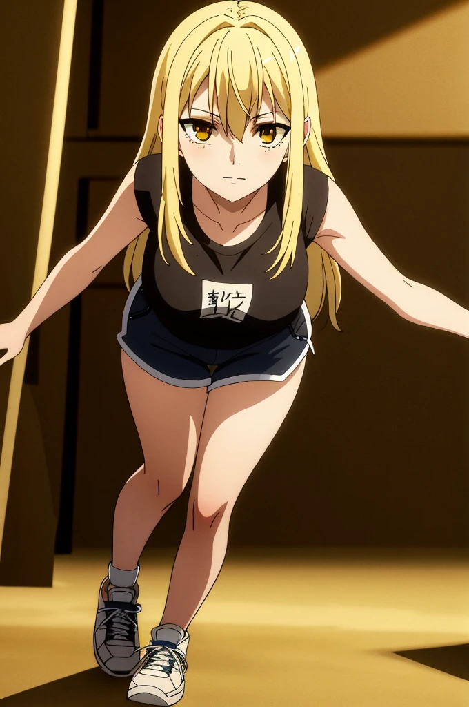 ((best quality)),((highly detailed)),masterpiece,absurdres,detailed face,Stands at full height, beautiful face,(detailed eyes, deep eyes),1girl,((dynamic pose))  Guideau, blonde hair, solo, yellow eyes, long hair, tight short shorts, t-shirt, Sneakers, Full-length, 