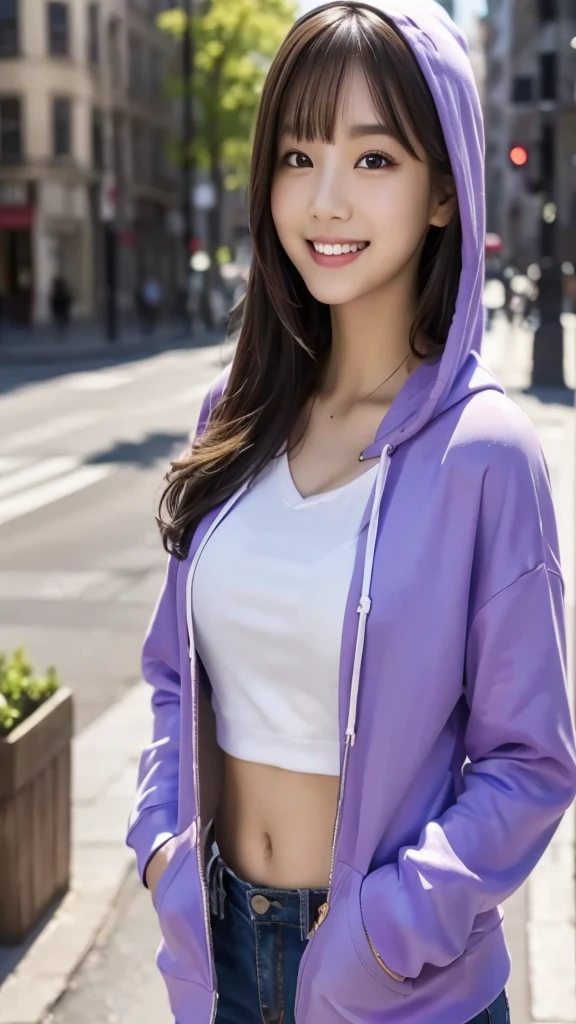 (masterpiece, Highest quality:1.1), (8K, RAW Photos, Photo Real:1.2, f22), (Shiny skin), Detailed skin, Long Hair,Detailed face, Fine grain, smilee,break, Real World, Intricate details, smile, break, One girl, (hoodie, break, (city:1.4), break