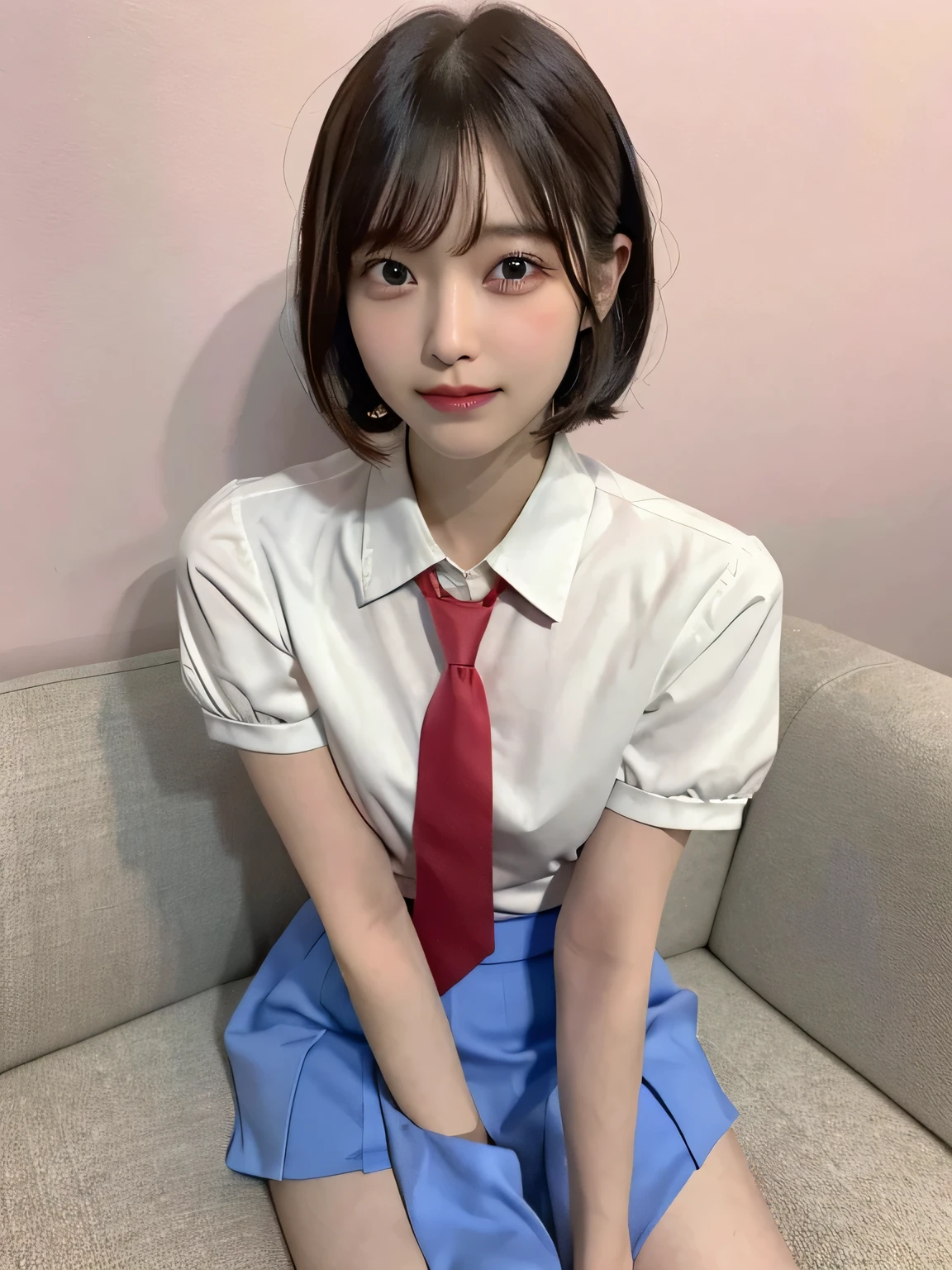 One person、11 years old、Full body photo,slender、woman、White drool coming out of the mouth、smile、、Short Bob Hair、 Fair skinned and super cute、Soft and Face、8K resolution、Surreal、Ultra high definition、 A-cup small breasts((Highest resolution、8K、masterpiece:1.3))、Ultra-fine face、Ultra Fine Lips、Beautiful Eyes、double eyelid,Pink wall、Red tie、Blue shirt、Yellow Skirt、Thighs、thin,Thighsが見える、Shapely small breasts、sexy、So cute!,Sitting in a chair、Thighsが見える、