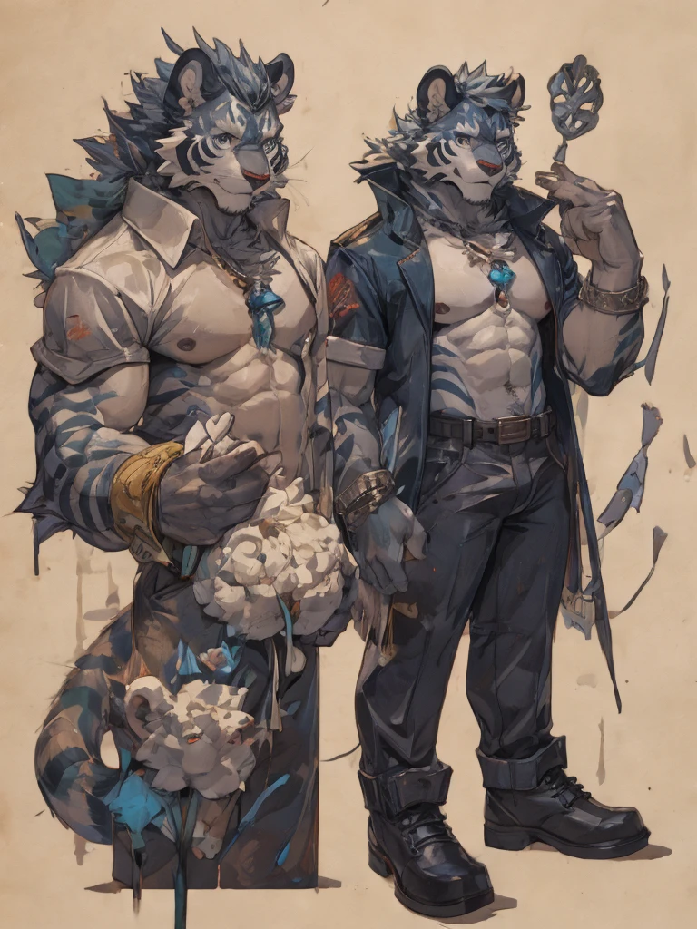 {{bara extremely handsome white tiger,}} {{white fur,}} white, wearing elegant ornate suit jacket, trousers, white dress shirt and necktie, white fluffy furry body and limbs, loafers, very tall, very broad shoulders, narrow waist, muscular arms, massive pecs, purple eyes, very long legs, massive bulge, sophisticated hot look, full body, 3/4 view, best quality, high quality, silver earring on left ear, sultry smirk, multiple views, character sheet