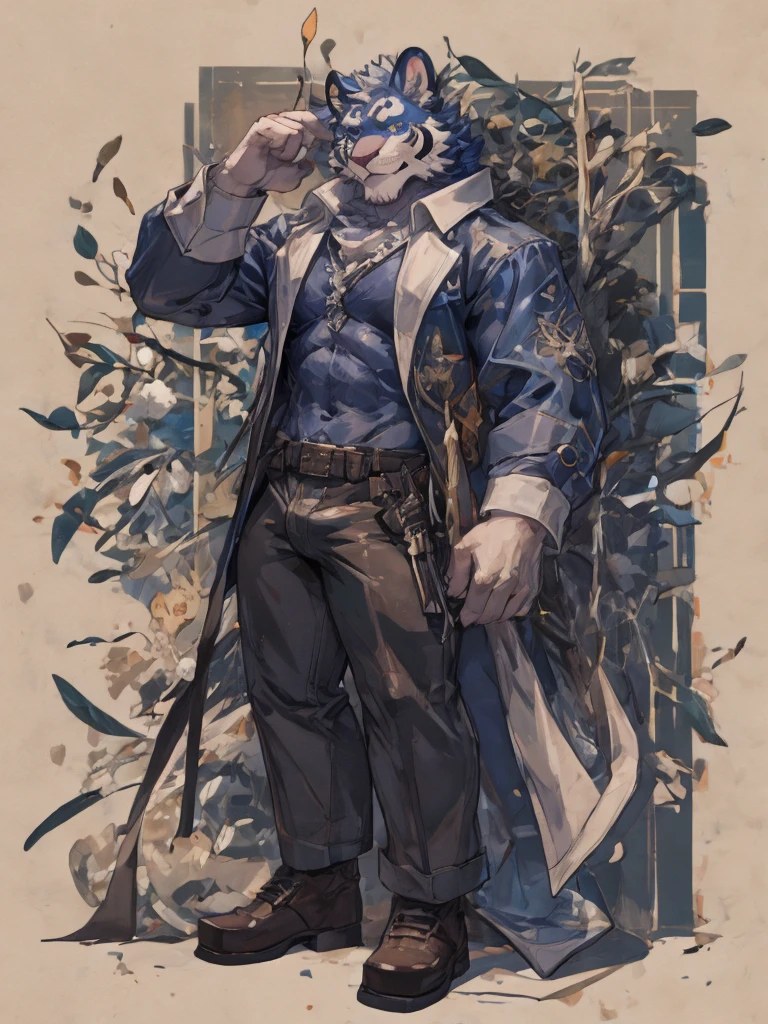 {{bara extremely handsome white tiger,}} {{white fur,}} white, wearing elegant ornate suit jacket, trousers, white dress shirt and necktie, white fluffy furry body and limbs, loafers, very tall, very broad shoulders, narrow waist, muscular arms, massive pecs, purple eyes, very long legs, massive bulge, sophisticated hot look, full body, 3/4 view, best quality, high quality, silver earring on left ear, sultry smirk, multiple views, character sheet