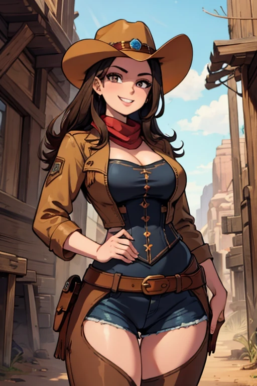 perfect face, perfect hands A brown haired female cowgirl with copper eyes with an hourglass figure in a conservative cowgirl outfit is exploring an abandoned mine with a big smile