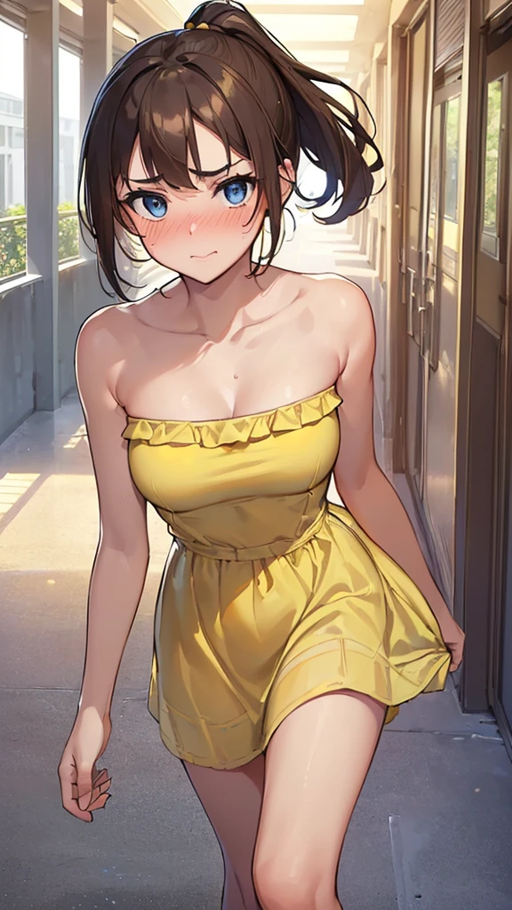 ((best quality)), ((masterpiece)), ((detailed)), (((perfect face))), (((18yo teenage girl))), (((medium breasts))), (((strapless yellow sundress))), ((dark brown hair)), ((short ponytail)), (((blue eyes))), (((shy:1.1))), (((blushing:1.1))), (((bare arms))), (((bare shoulders))), (((school corridor)))), (((walking)))
Smiling,Large Breasts