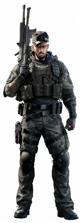 Frank Castle, The Punisher, with Ballistic Operational Military Tactical Modular Vest (( black with a large The Punisher skull printed on the chest )), (( ACU MILITARY UNIFORM black WITH KNEE PADS )), (( Military Tactic Paintball Gloves Half Finger Microfiber Black )), (( dog tag )), (( Red Dragon Motocross Knee Pad )), (( Military Boots in Leather and Canvas Cordura Extra Light Military Tactical Bmbrasil Black )), (( Hammer PRO Belica Waist Holster )), angry, black hair, short hair, cinematic lighting, Hyperrealism, multiple views, Nikon, lens flare, image fill, panorama, masterpiece, textured skin, highres, 8K