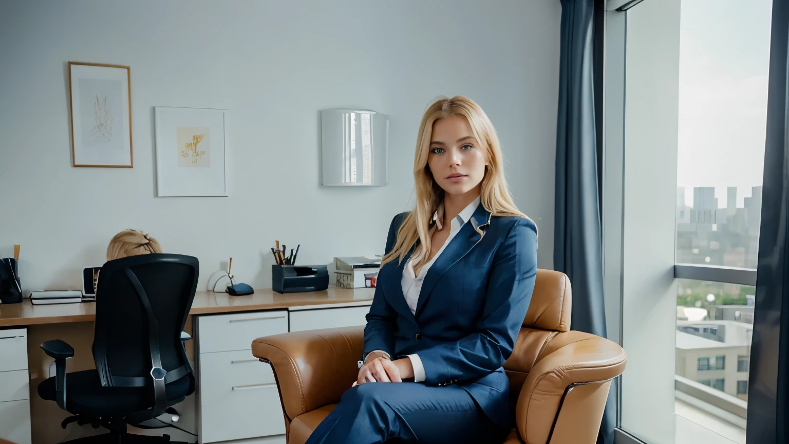 Very attractive blonde woman in an expensive business suit. blue eyes, facing the camera. In an expensive appartment. Sitting in an office chair, facing the camera.