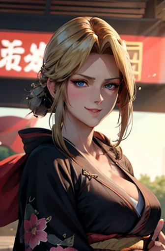 Masterpiece(woman,Huge , Very red lips highlighting huge breasts,Big Ass,Narrow waist,Long legs,Greenish blue eyes,Blonde ) 8K(Sweat flying:1.4 )8K(Heat rash:1.9 ) 8K(Gal:1.3) 8K(Staring at me:1.5) 8K(Anime Style,A floppy smile,What we are looking for,Face mischievous face,The facial expression is accurate:1.7) 8K(Anime Style,The facial expression is accurate) 8K(Wearing a black kimono:1.5) 8K(hairpin :1.3 ), 8K(Focus on the face:1.5)8K(Summer festival:1.5)