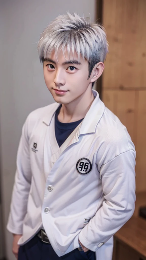 Gray Hair、male、Macho、Handsome、White Haori、Black school uniform、pupils are small、Small eyes、怒り顔