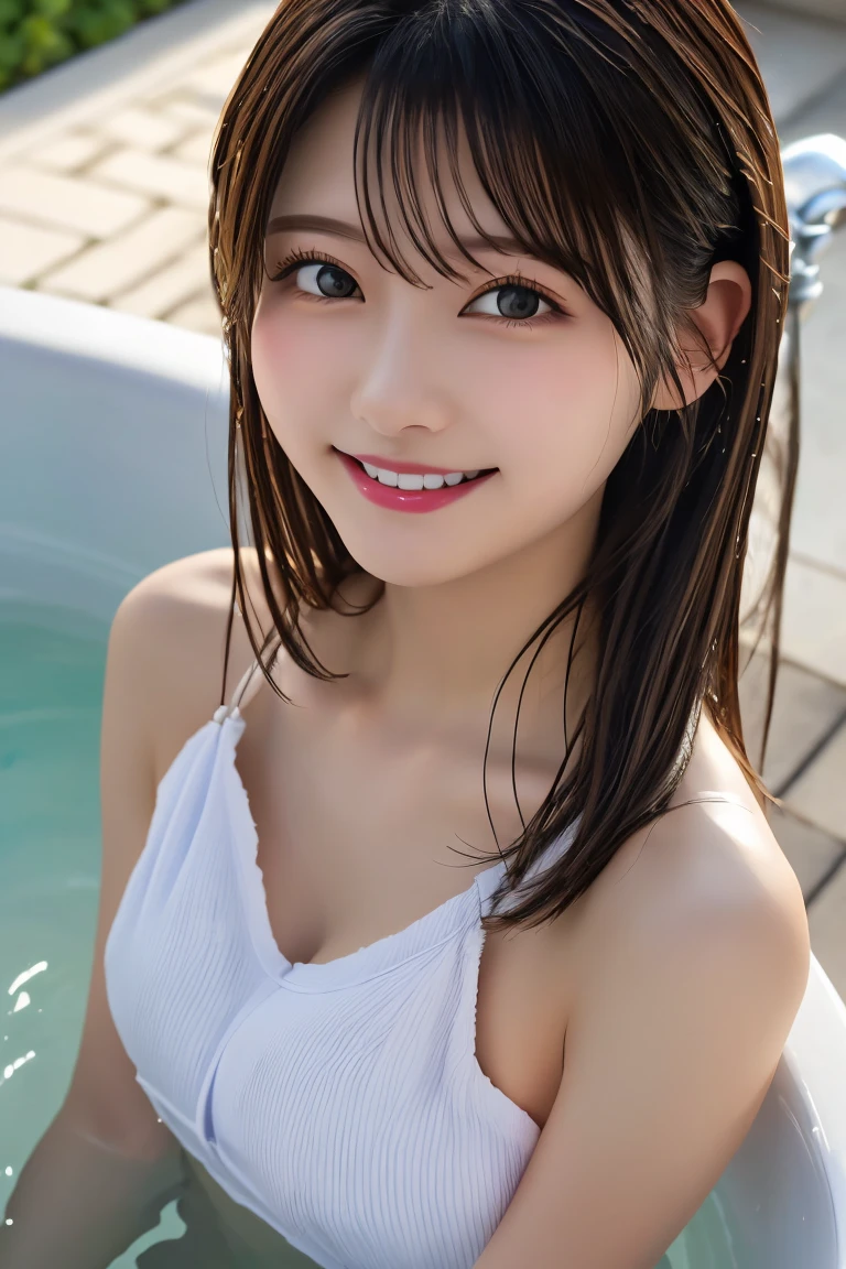 Highest quality, (beautiful)、Soak in a large open-air bath、Cover yourself with a wet bath towel、Close-up、Soft 、night、smile、Bare shoulders、Shoot from above、Outdoor、steam