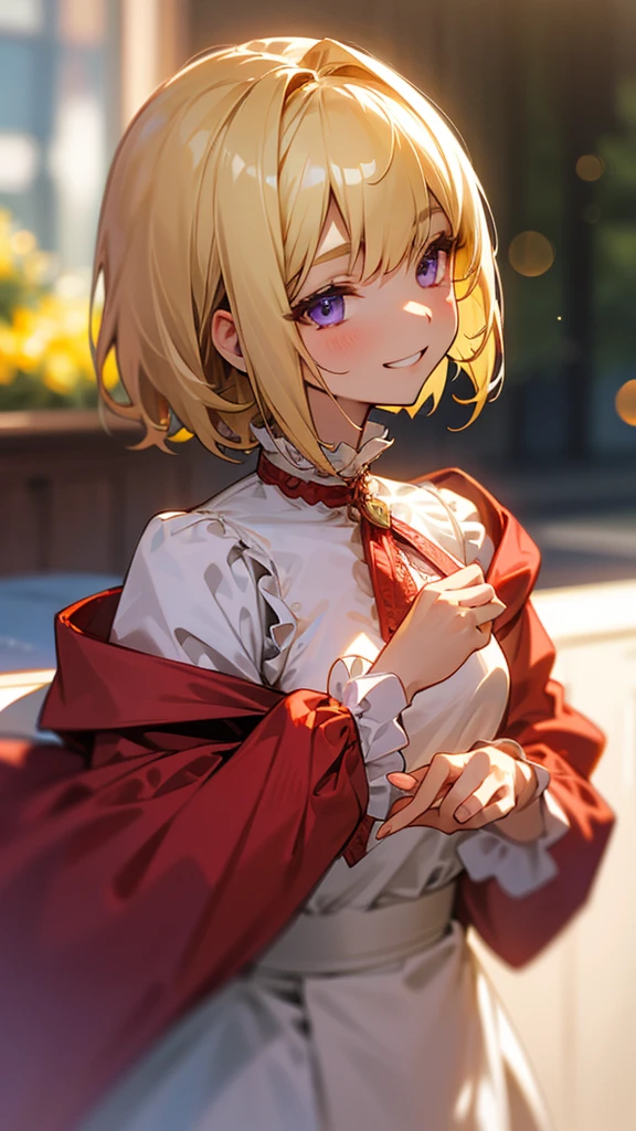 1 Girl、、Sharp focus、(Bokeh) (Highest quality) (Detailed skin:1.3) (Intricate details) (anime)、Upper body close-up、From the side、Natural Proportions、thin、Small breasts、Grin、White skin、(blonde)、Bobcut、Beautiful purple eyes、Red jacket、(Long sleeve blouse)、Frilled blouse、Upper body close-up、Morning Cafe Terrace、Background Blur, Written boundary depth