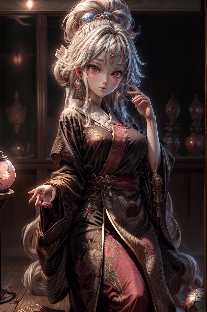 masterpiece, best quality, extremely detailed CG unity 8k wallpaper, A precise, high-definition anime illustration of an astrologer telling fortunes in the background of a photorealistic department store. A fusion of 3D photography and 2D animation, creating a nostalgic atmosphere. Dark room, crystal ball used for fortune telling