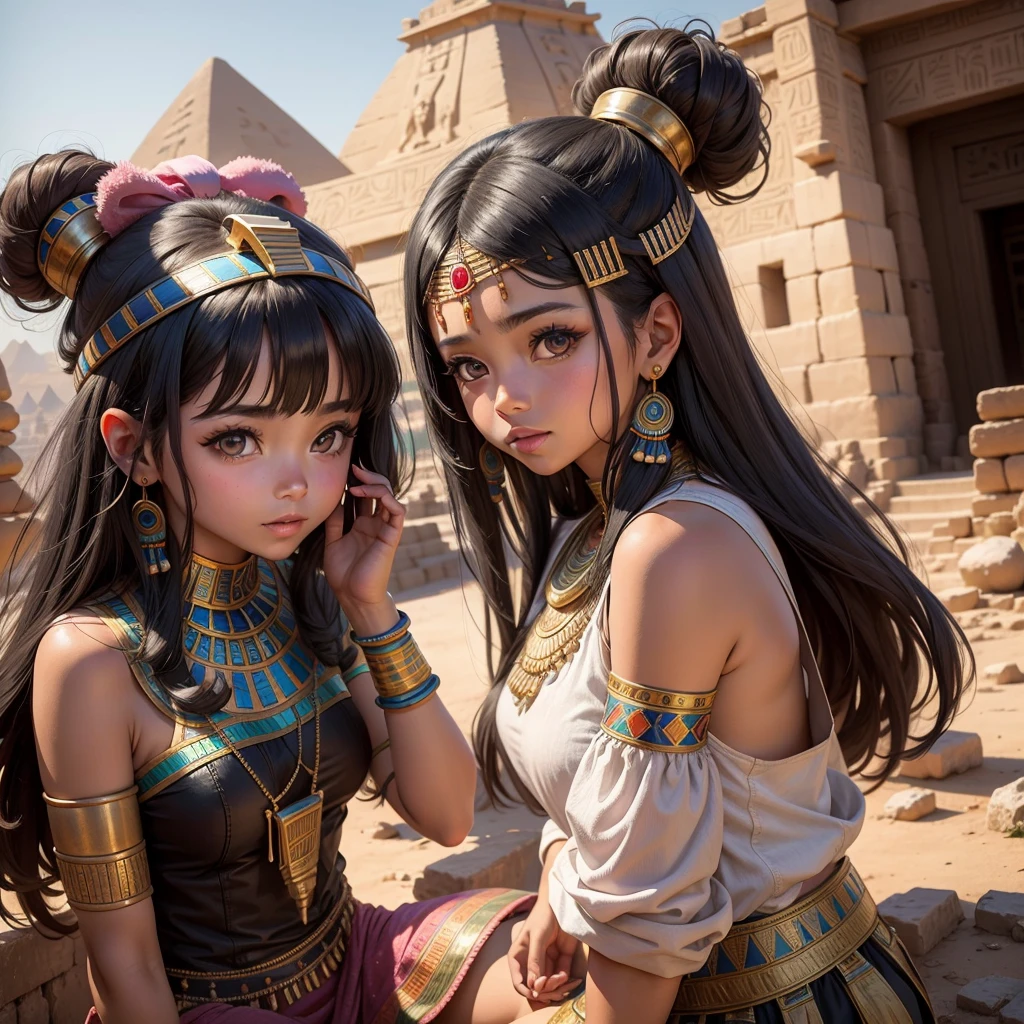 Cute Ancient Egyptian Girl、A hill overlooking the colorful temples of ancient Egypt、A colorful view of the whole city