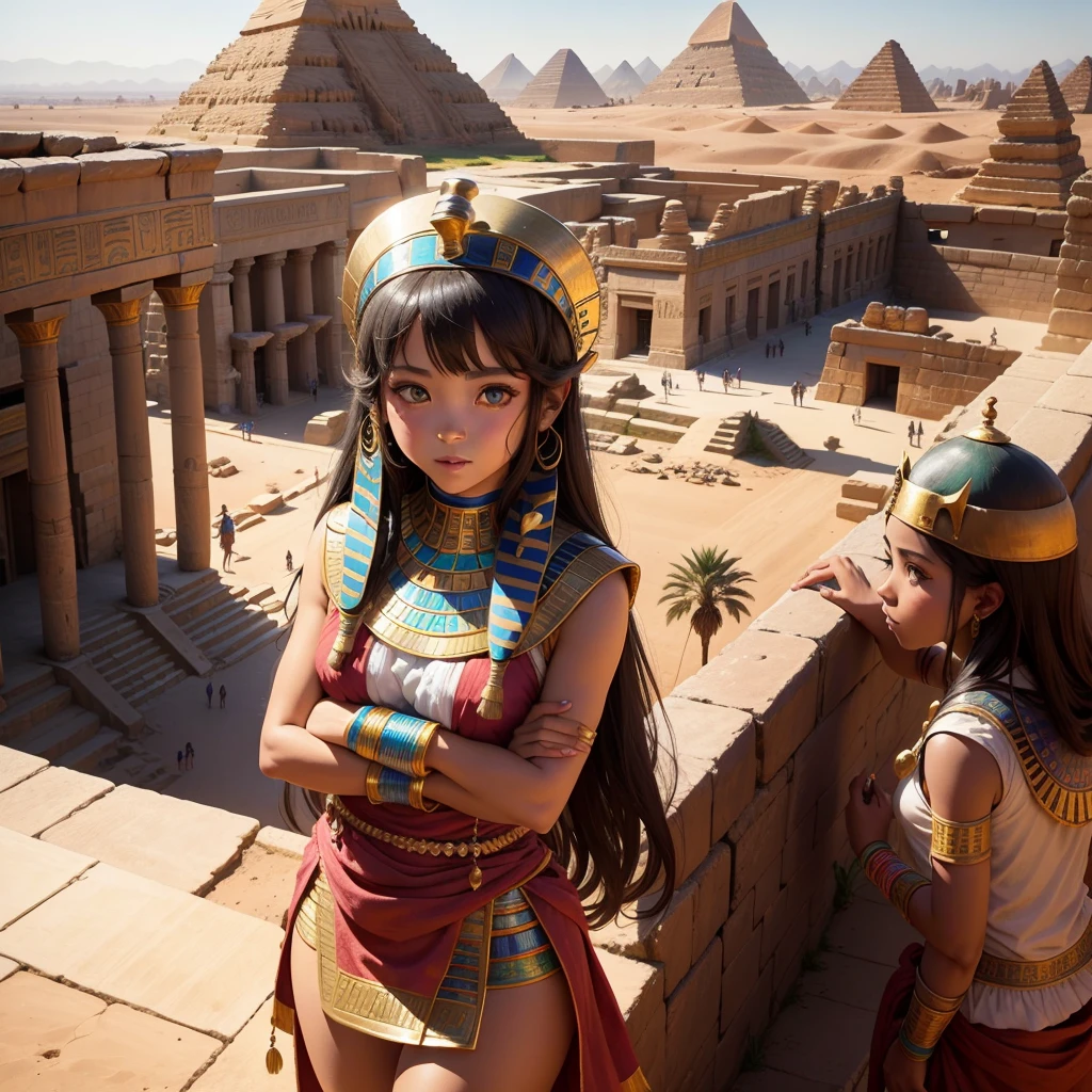 Cute Ancient Egyptian Girl、A hill overlooking the colorful temples of ancient Egypt、A colorful view of the whole city