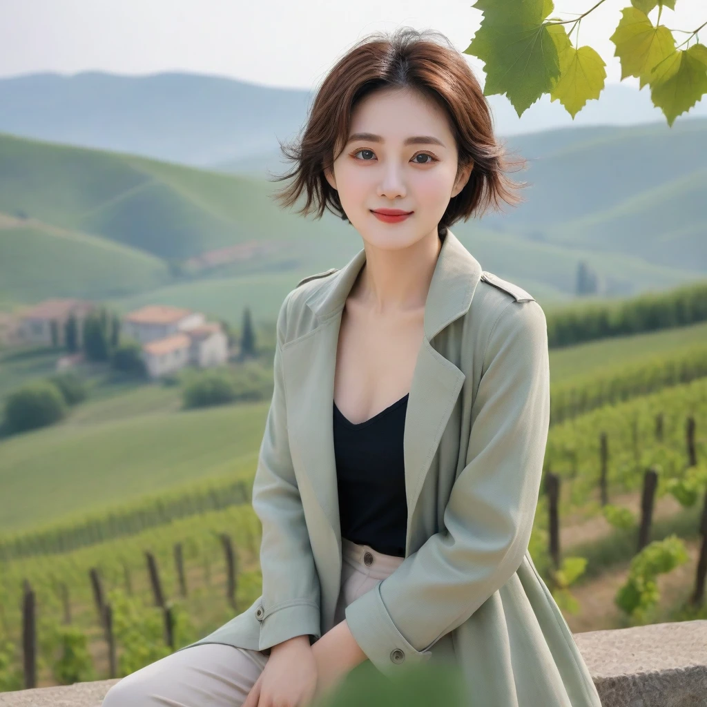 8k best picture quality, Beautiful 36-year-old Korean woman, You have good skin and big and pretty eyes... clear and nice weather. Chest size 34 inches, italian countryside, past the vineyard, The cathedral can be seen in the distance in thick fog.., The back background is realistic and vivid quality., Short and medium hair blowing in the wind, Wearing a light green casual light trench coat over a black T-shirt.. beige casual pants, I'm smiling. Standing on a hill overlooking vineyards. the background is clear, Short and slim Korean woman, stand far away, Photo taken with a wide-angle lens, One woman with big and pretty eyes, eyes are round and big