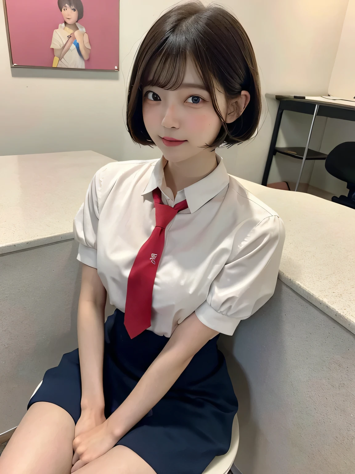 One person、11 years old、Full body photo,slender、woman、White drool coming out of the mouth、smile、、Short Bob Hair、 Fair skinned and super cute、Soft and Face、8K resolution、Surreal、Ultra high definition、 A-cup small breasts（（Highest resolution、8K、masterpiece：1.3））、Ultra-fine face、Ultra Fine Lips、Beautiful Eyes、double eyelid,Pink wall、Red tie、Blue shirt、Yellow Skirt、Thighs、thin,Thighsが見える、Shapely small breasts、sexy、So cute!,Sitting in a chair、Thighsが見える、