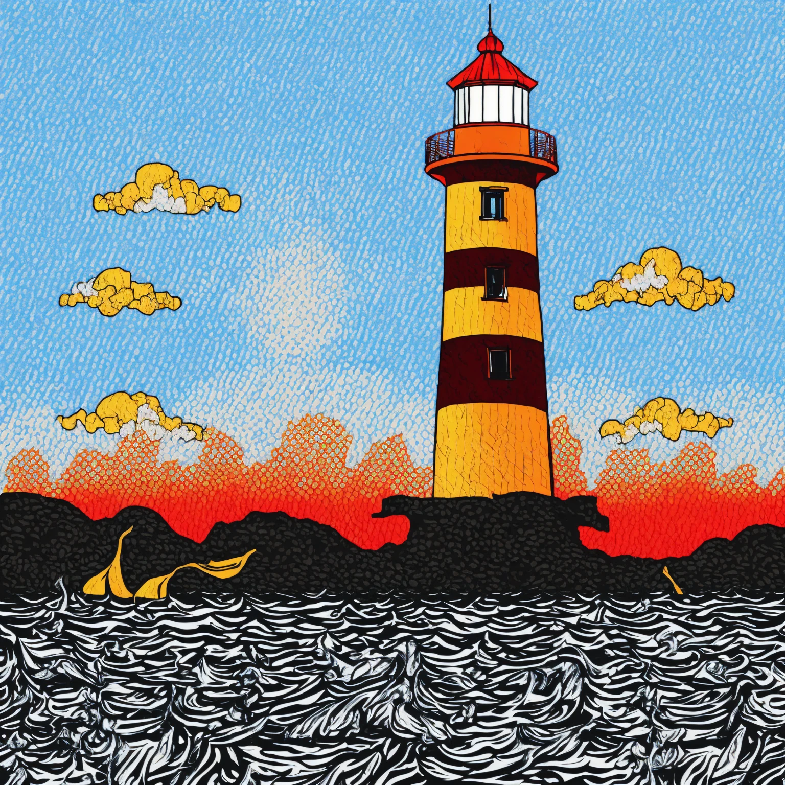 there is a drawing of a lighthouse on a white sheet, digital painting, by I Ketut Soki, inspired by I Ketut Soki, patch design, nautical maps grafitti, shirt art, by Bálint Kiss, traditional ink!, silkscreen t-shirt art, by Ke Jiusi, octa 8k, by Kamagurka