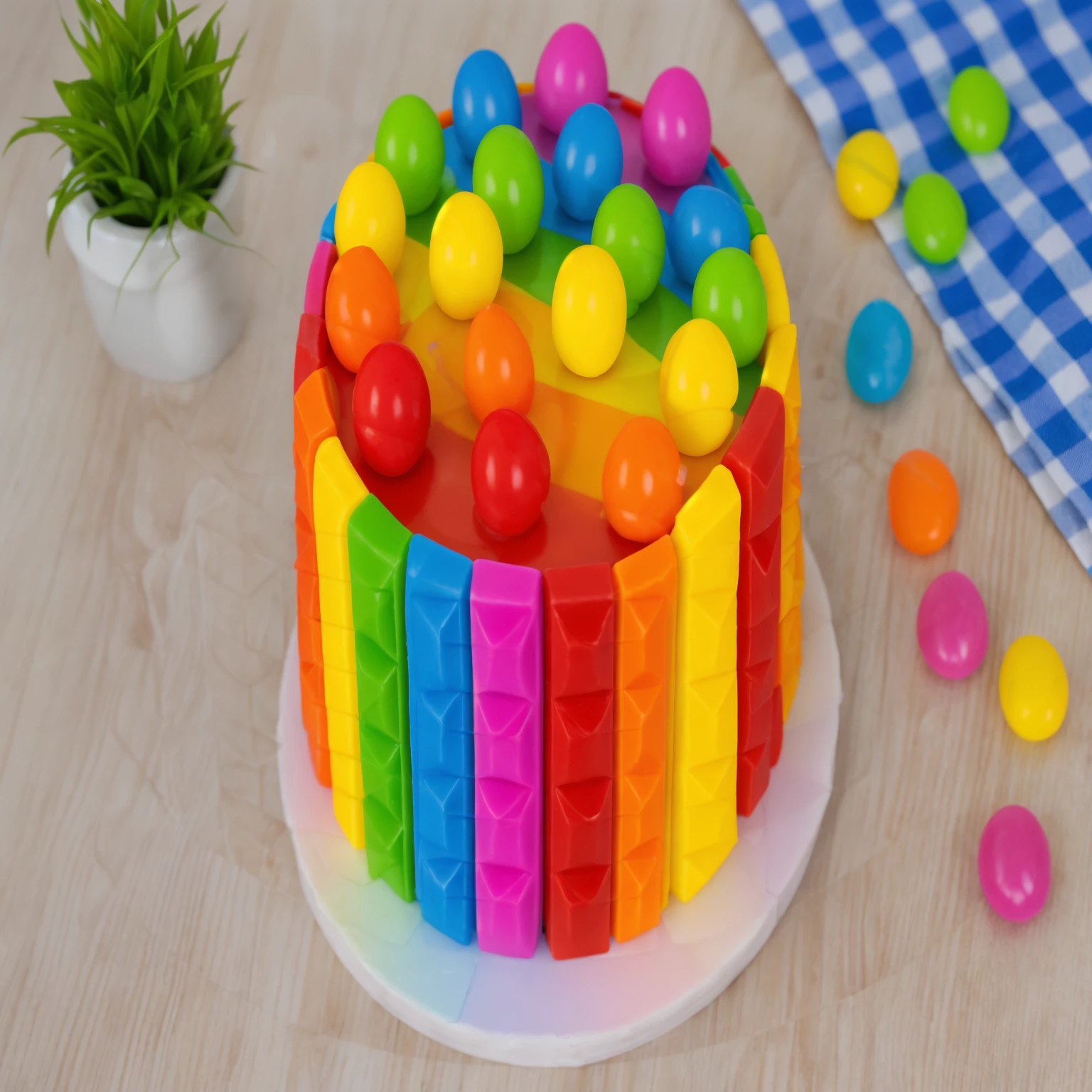 on a wooden table, cake on a white plate. rainbow chocolate bar cake, rainbow ganage on top, rainbow spheres made of polymer clay. there is a blue checkered tablecloth on the table. scattered rainbow jelly beans. there is a vase with a plant on a wooden table. Realistic style, realistic texture, detailed texture, bright lighting, Beautiful light from the window, high quality, A high resolution, macro photography, ultra hd 4k, Beautiful sunlight