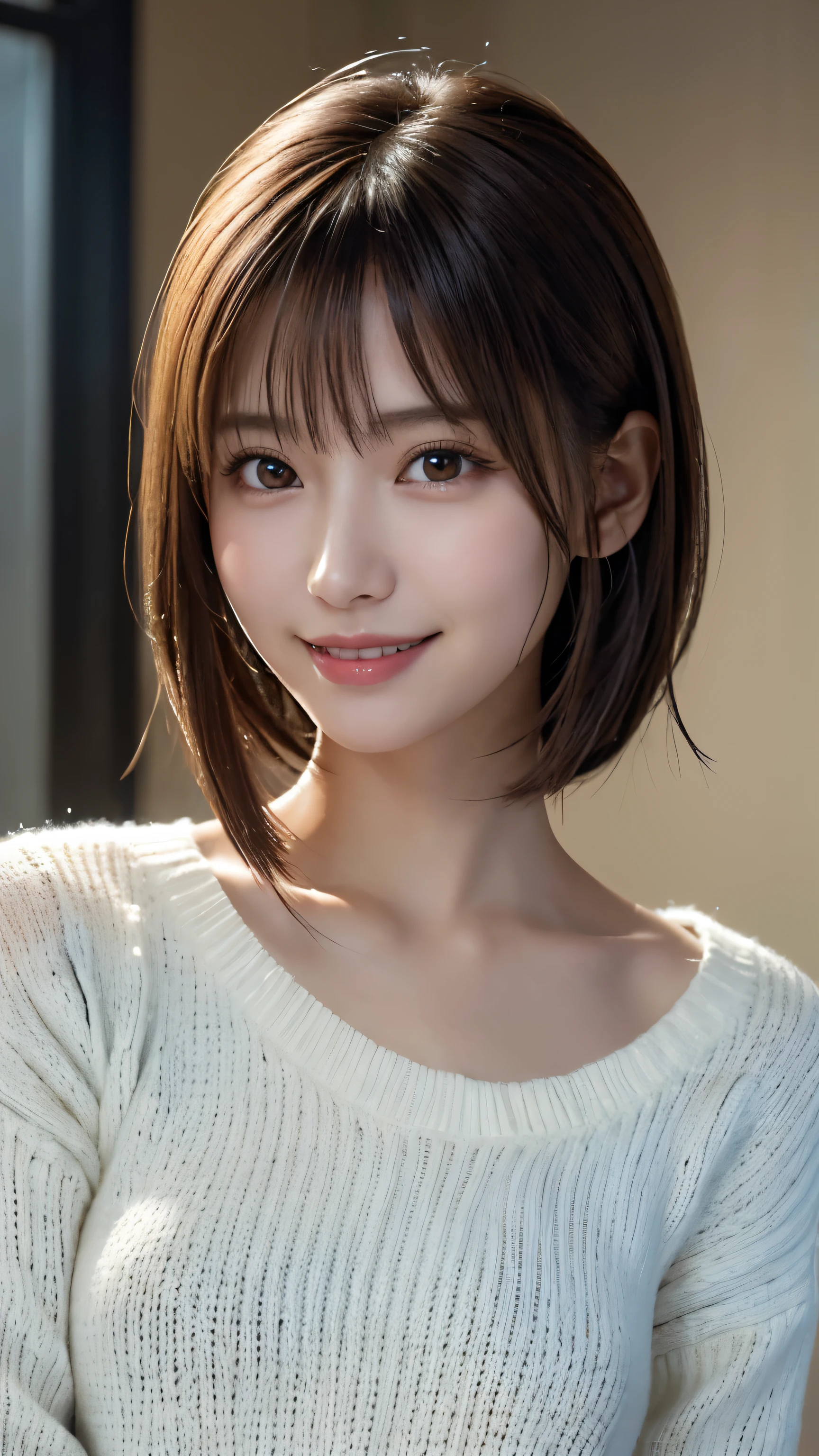 1 Japanese girl,(White sweater:1.4), (RAW Photos, highest quality), (Realistic, Realistic:1.4), Tabletop, Very delicate and beautiful, Very detailed, 8k wallpaper, wonderful, In detail, Very detailedなCG Unity, High resolution, Soft Light, Beautiful details 19 years old, Very detailedな目と顔, Beautiful and sophisticated nose, Beautiful details,Cinema Lighting,Perfect Anatomy,Slender body,smile (Asymmetrical bangs,)