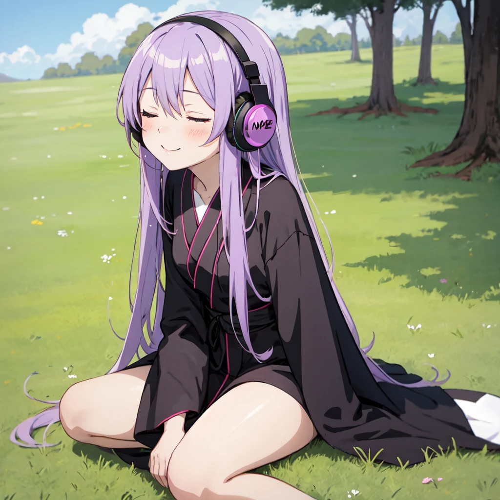 1 person. Anime girl with long purple hair and black robe. Pointy ears. Cute as in manga. Sitting on grass with eyes closed. Headphones.