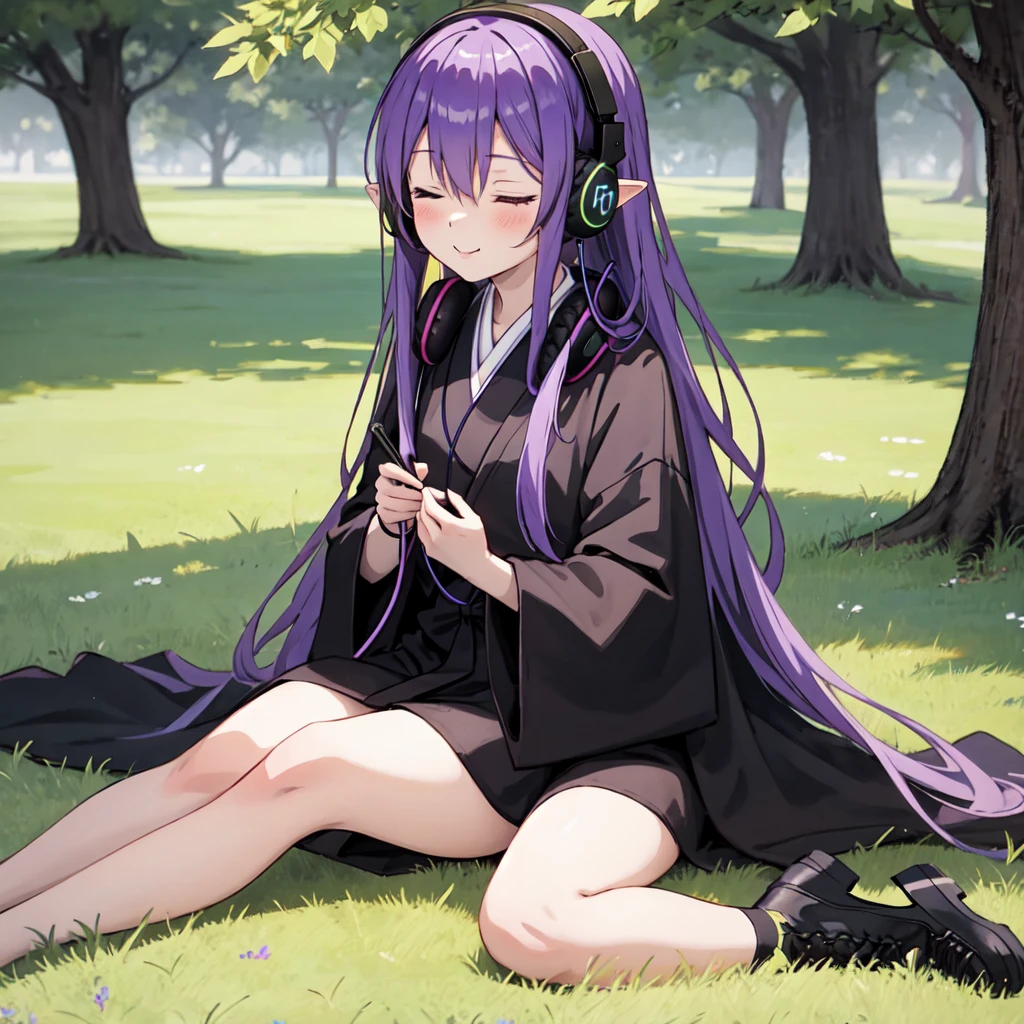 1 person. Anime girl with long purple hair and black robe. Pointy ears. Cute as in manga. Sitting on grass with eyes closed. Headphones.