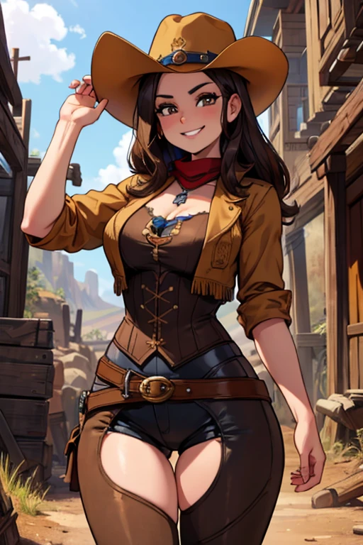 perfect face, perfect hands A brown haired female cowgirl with copper eyes with an hourglass figure in a conservative cowgirl outfit is exploring an abandoned mine with a big smile