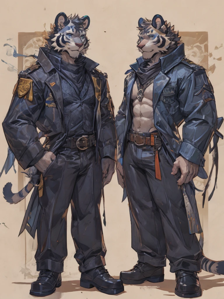 {{bara extremely handsome white tiger,}} {{white fur,}} white, wearing elegant ornate suit jacket, trousers, white dress shirt and necktie, white fluffy furry body and limbs, loafers, very tall, very broad shoulders, narrow waist, muscular arms, massive pecs, purple eyes, very long legs, massive bulge, sophisticated hot look, full body, 3/4 view, best quality, high quality, silver earring on left ear, sultry smirk, multiple views, character sheet