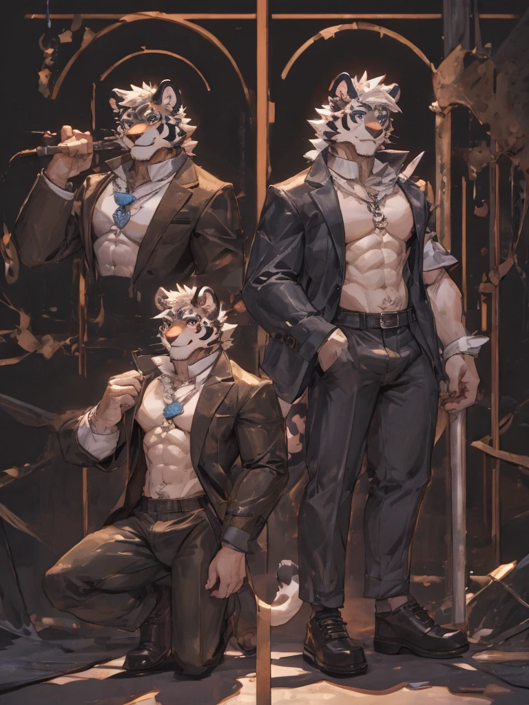 {{bara extremely handsome white tiger,}} {{white fur,}} white, wearing elegant ornate suit jacket, trousers, white dress shirt and necktie, white fluffy furry body and limbs, loafers, very tall, very broad shoulders, narrow waist, muscular arms, massive pecs, purple eyes, very long legs, massive bulge, sophisticated hot look, full body, 3/4 view, best quality, high quality, silver earring on left ear, sultry smirk, multiple views, character sheet