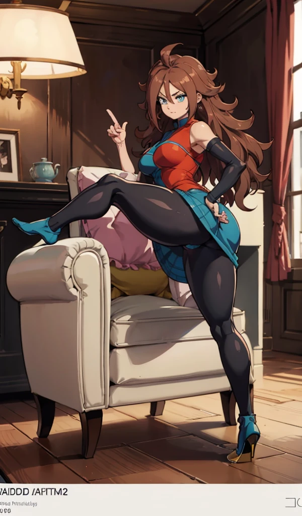 android 21, cups, pose lateral, She is sideways to the spectator, long brown hair, blue colored eyes, plaid dress, pantyhose, looking to the side, pose lateral, standing, ele está standing, serious, legs spread open, livingroom, light bulb, high qualiy, work of art, legs thick, big-ass, body healed,