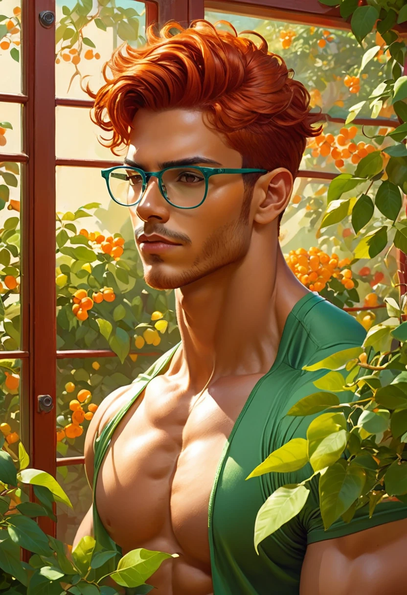 Intense warm color palette, a latin man symmetrical fitness body, wears glasses, guspo looks out the window towards the garden of multicolored jasmines, in the garden is a young man with red hair, white skin realism, toned athletic body, beautiful male face, young redhead looks at the latin man while playing a high-chroma green chello